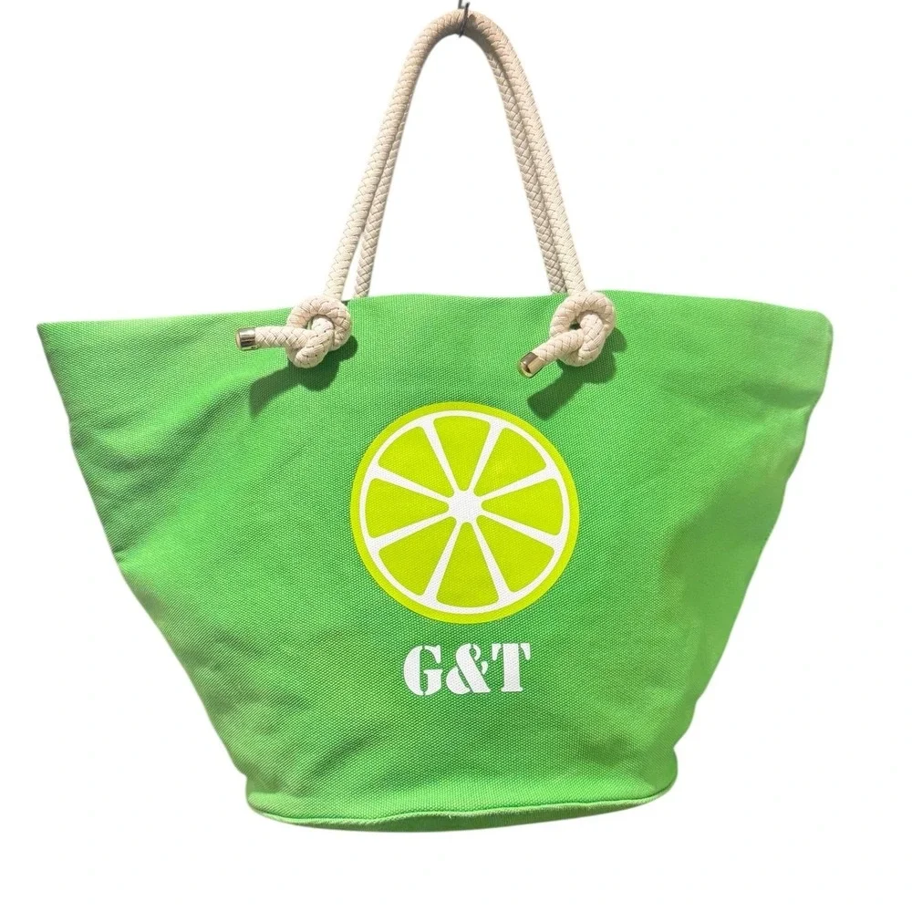 Kate Spade G&T Lime Green Canvas Tote‎ Bag Rope Handles Large Beach Travel
